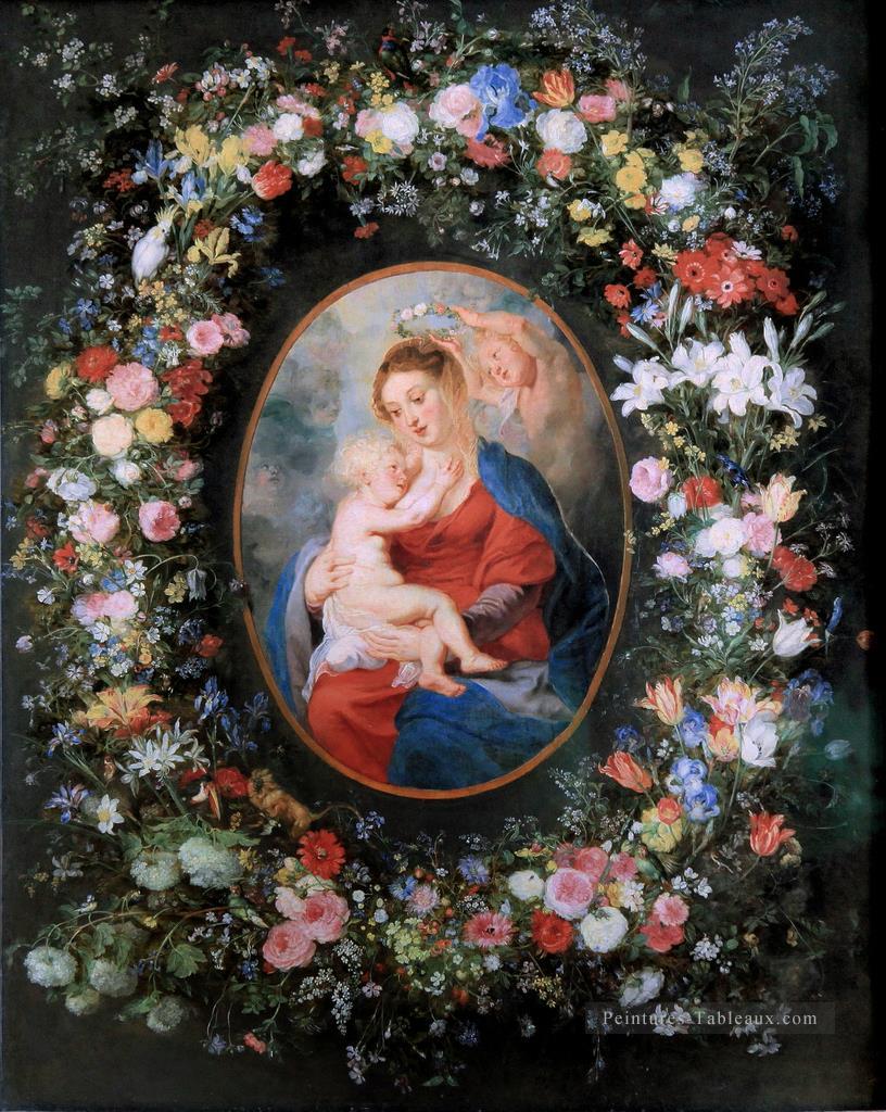 La Vierge à l’Enfant dans une Guirlande de Fleur Baroque Peter Paul Rubens Peintures à l'huile